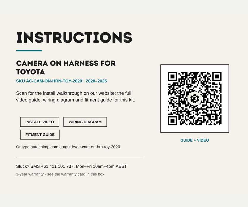 AutoChimp™ Camera On Harness for Toyota (2020–2025) | Requires Switch Kit | SKU: AC-CAM-ON-HRN-TOY-2020 | Instructions