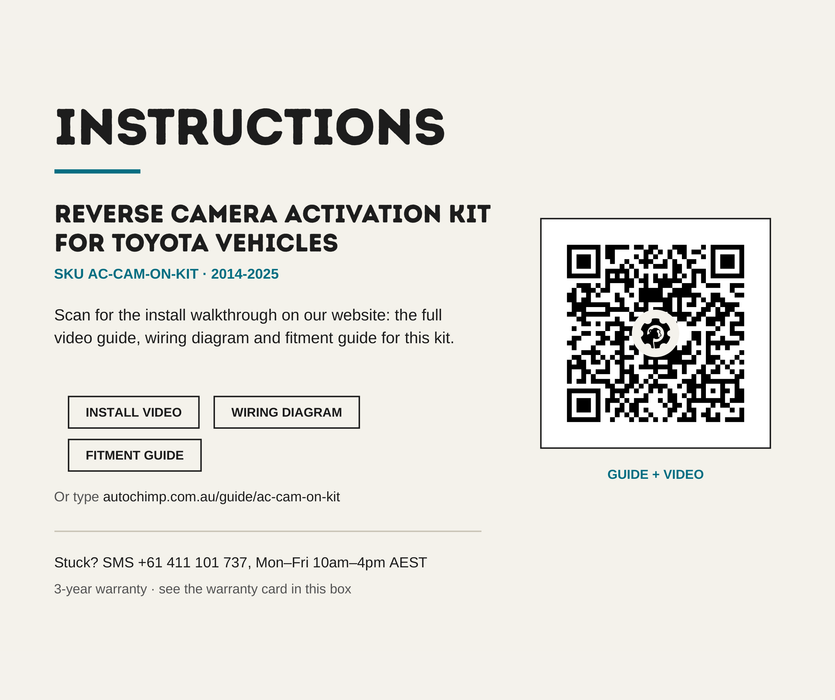 AutoChimp™ Reverse Camera Activation Kit for Toyota Vehicles (2014–2025) | SKU: AC-CAM-ON-KIT | Instructions