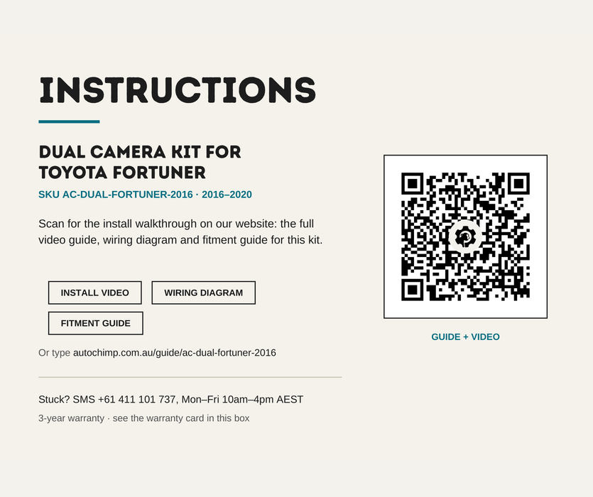 AutoChimp™ Dual Camera Kit for Toyota Fortuner (2016–2020) | Add Front or Trailer Camera | Plug & Play Factory Integration | SKU: AC-DUAL-FORTUNER-2016 | Instructions
