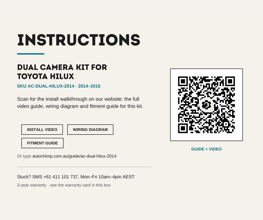 AutoChimp™ Dual Camera Kit for Toyota Hilux (2014–2015) | Add Front, Trailer, or Side Camera | Factory Stereo Integration | SKU: AC-DUAL-HILUX-2014 | Instructions