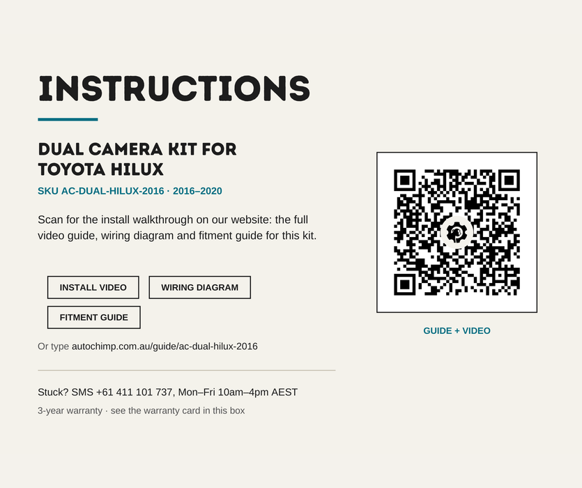 AutoChimp™ Dual Camera Kit for Toyota Hilux (2016–2020) | Add Front, Trailer, or Side Camera | Factory Stereo Integration | SKU: AC-DUAL-HILUX-2016 | Instructions