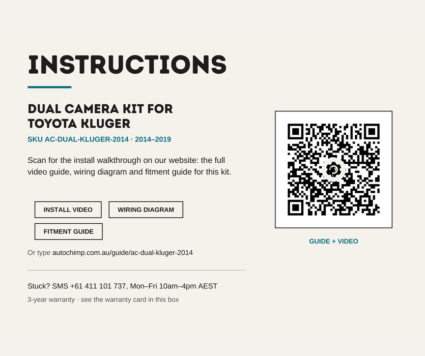 AutoChimp™ Dual Camera Kit for Toyota Kluger (2014–2019) | Plug & Play Camera Expansion | Add Front & Trailer Cameras | SKU: AC-DUAL-KLUGER-2014 | Instructions