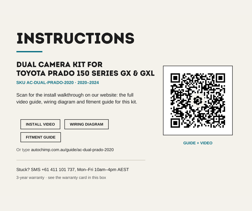 AutoChimp™ Dual Camera Kit for Toyota Prado 150 Series GX & GXL (2020–2024) | Plug & Play Expansion | Add Front & Trailer Cameras | SKU: AC-DUAL-PRADO-2020 | Instructions