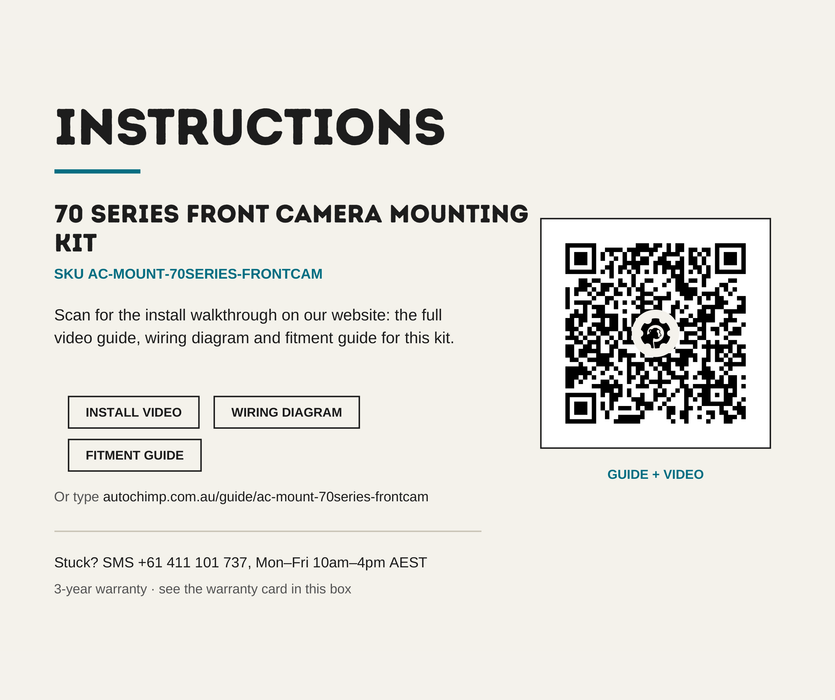 AutoChimp™ 70 Series Front Camera Mounting Kit | Press Fit Grill Mounted & Adjustable | SKU: AC-MOUNT-70SERIES-FRONTCAM | Instructions