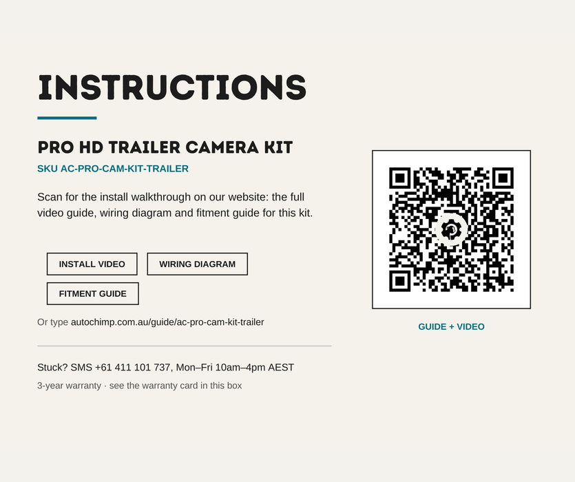 AutoChimp™ Pro HD Trailer Camera Kit | Twin 8m Extension Cables + Hitch Break Point | SKU: AC-PRO-CAM-KIT-TRAILER | Instructions