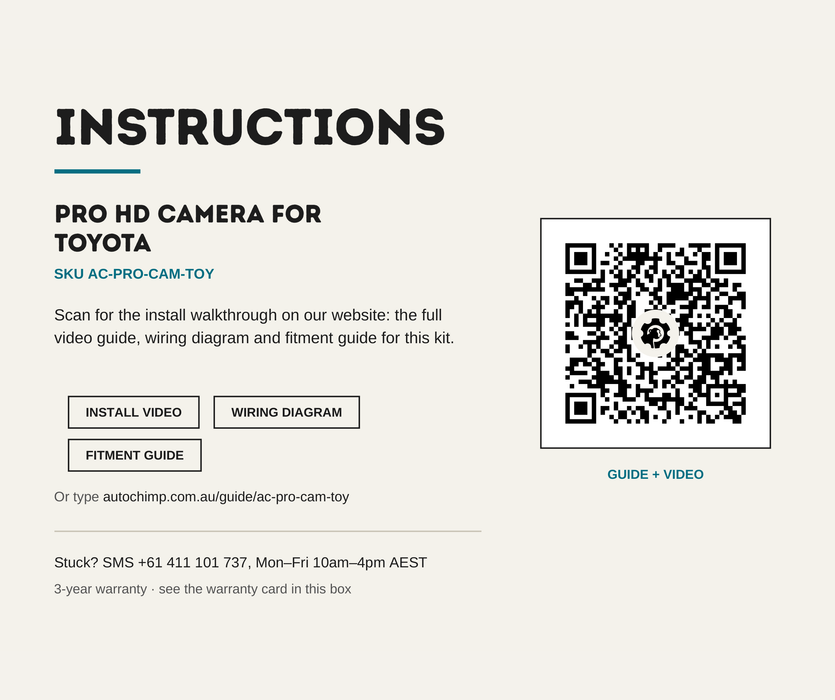 AutoChimp™ Pro HD Camera for Toyota | 6V Reverse Camera for Factory Screens | SKU: AC-PRO-CAM-TOY | Instructions