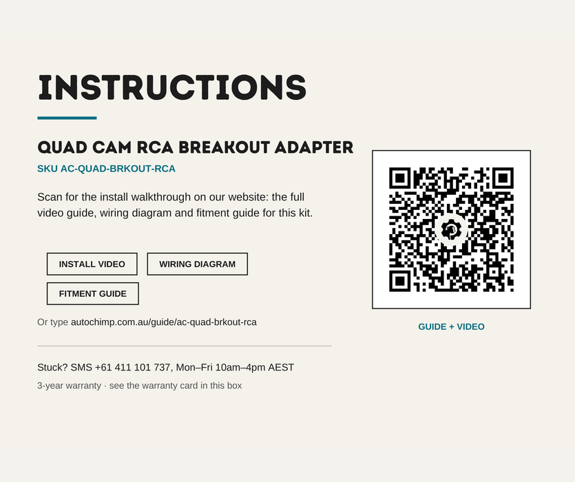 AutoChimp™ Quad Cam RCA Breakout Adapter | 4-Pin to RCA (V-OUT / RCAM IN) | SKU: AC-QUAD-BRKOUT-RCA | Instructions