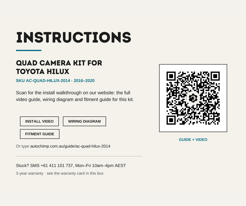 AutoChimp™ Quad Camera Kit for Toyota Hilux (2016–2020) | Plug & Play 4-Camera Integration | SKU: AC-QUAD-HILUX-2014 | Instructions
