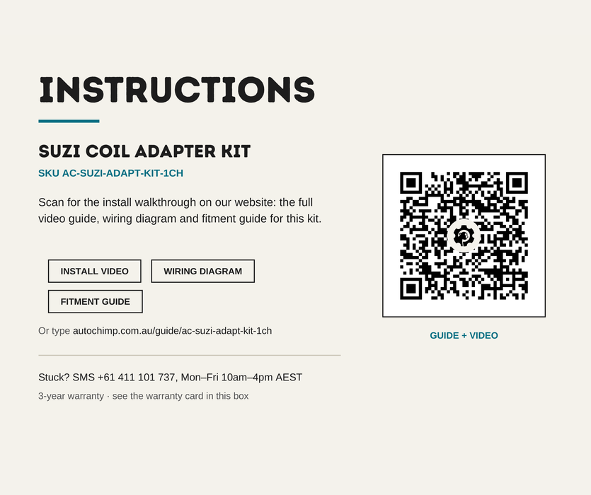 AutoChimp™ Suzi Coil Adapter Kit | Single Channel | 5-Pin to 4-Pin Adapter Pair + 2 Mounting Brackets | SKU: AC-SUZI-ADAPT-KIT-1CH | Instructions