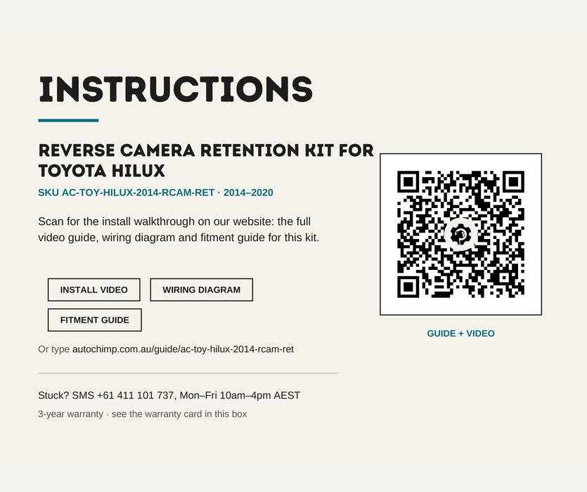 AutoChimp™ Reverse Camera Retention Kit for Toyota Hilux 2014–2020 | OEM Camera to RCA Adapter for Aftermarket Head Units | SKU: AC-TOY-HILUX-2014-RCAM-RET | Instructions