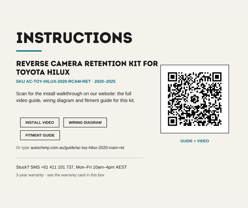 AutoChimp™ Reverse Camera Retention Kit for Toyota Hilux 2020–2025 | OEM Camera to RCA Adapter for Aftermarket Head Units | SKU: AC-TOY-HILUX-2020-RCAM-RET | Instructions
