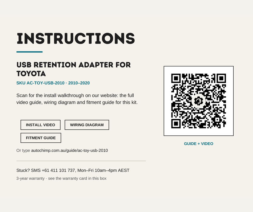 AutoChimp™ USB Retention Adapter for Toyota (2010–2020) | SKU: AC-TOY-USB-2010 | Instructions