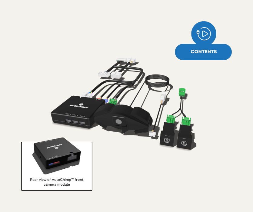 Contents of the AutoChimp 70 Series Front Camera Kit including switches, wiring, and camera interface module