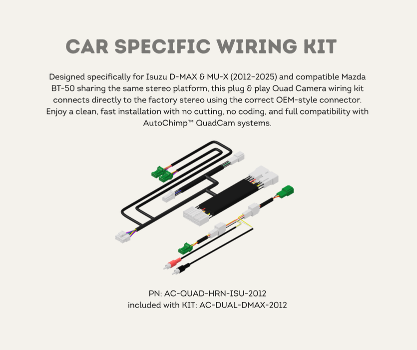 AutoChimp™ Dual Camera Kit for Isuzu D‑MAX (2012–2024) | Front / Trailer Camera Add-On | SKU: AC-DUAL-DMAX-2012 | Car Specific Wiring Kit Isuzu / Mazda