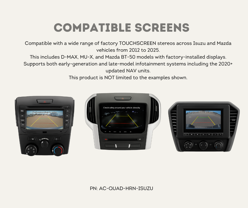 AutoChimp™ Dual Camera Kit for Isuzu D‑MAX (2012–2024) | Front / Trailer Camera Add-On | SKU: AC-DUAL-DMAX-2012 | Compatible Screens 2
