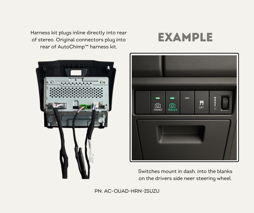 AutoChimp™ Dual Camera Kit for Isuzu D‑MAX (2012–2024) | Front / Trailer Camera Add-On | SKU: AC-DUAL-DMAX-2012 | Example Connection