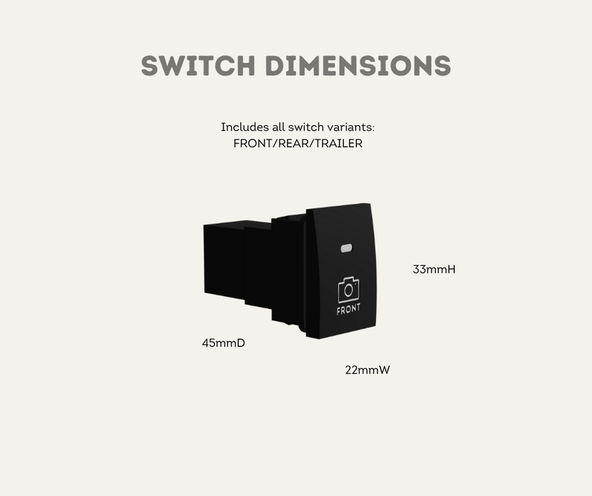 AutoChimp™ Dual Camera Kit for Isuzu D‑MAX (2012–2024) | Front / Trailer Camera Add-On | SKU: AC-DUAL-DMAX-2012 | Switch Dimensions