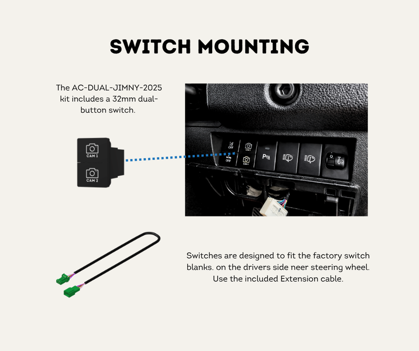 AutoChimp™ Dual Camera Kit for Suzuki Jimny / Jimny XL (2025-Onwards) | Plug & Play Factory Integration | SKU: AC-DUAL-JIMNY-2025 | Switch Mounting