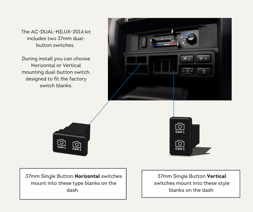 AutoChimp™ Dual Camera Kit for Toyota Hilux (2014–2015) | Add Front, Trailer, or Side Camera | Factory Stereo Integration | AC-DUAL-HILUX-2014 | Switch Installation Example