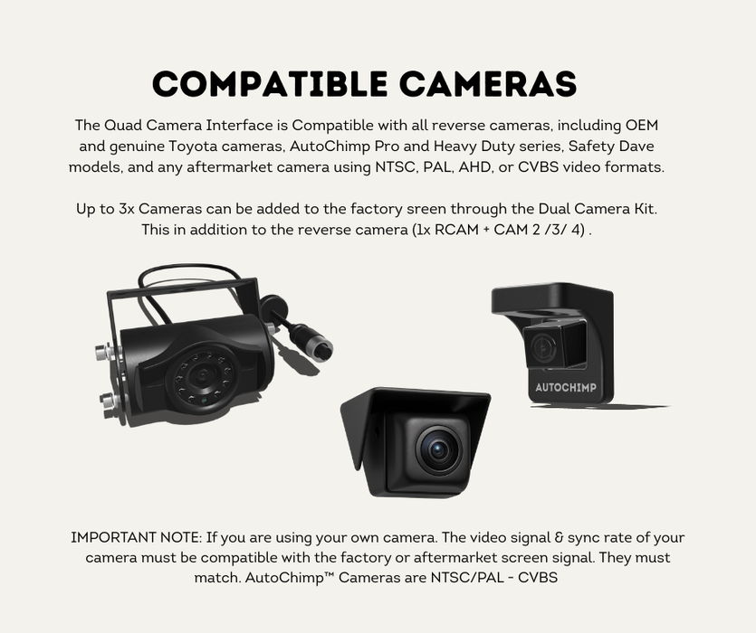 AutoChimp™ Dual Camera Kit for Toyota LandCruiser 70 Series (2014–2023) | AC-DUAL-70SERIES-2014 | Compatible Cameras