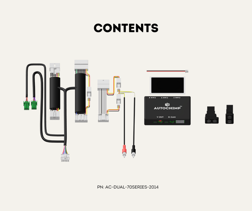 AutoChimp™ Dual Camera Kit for Toyota LandCruiser 70 Series (2014–2023) | AC-DUAL-70SERIES-2014 | Contents
