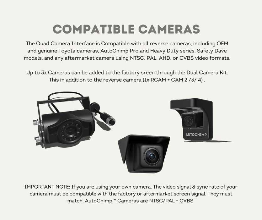 AutoChimp™ Dual Camera Kit for Toyota LandCruiser 70 Series (2023–2025) | Add Front, Trailer, or Tray Camera | AC-DUAL-70SERIES-2024 | Compatible Cameras