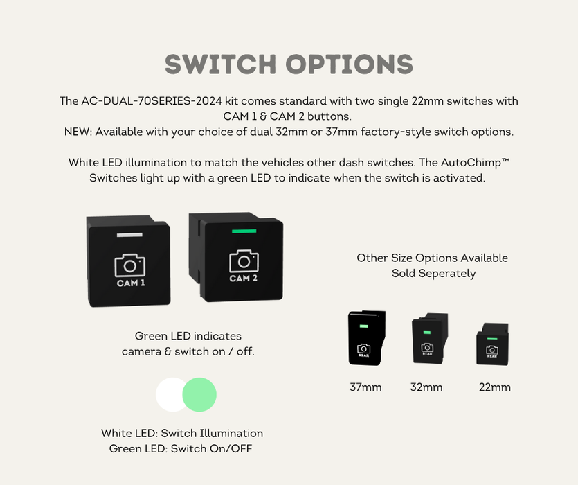 AutoChimp™ Dual Camera Kit for Toyota LandCruiser 70 Series (2023–2025) | Add Front, Trailer, or Tray Camera | AC-DUAL-70SERIES-2024 | Switch Options