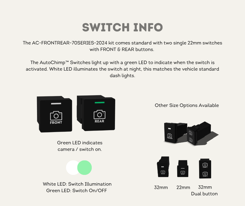 AutoChimp™ Front & Rear Camera Kit for Toyota LandCruiser 70 Series (2024+) | Plug & Play QuadCam Bundle | AC-FRONTREAR-70SERIES | Switch Info