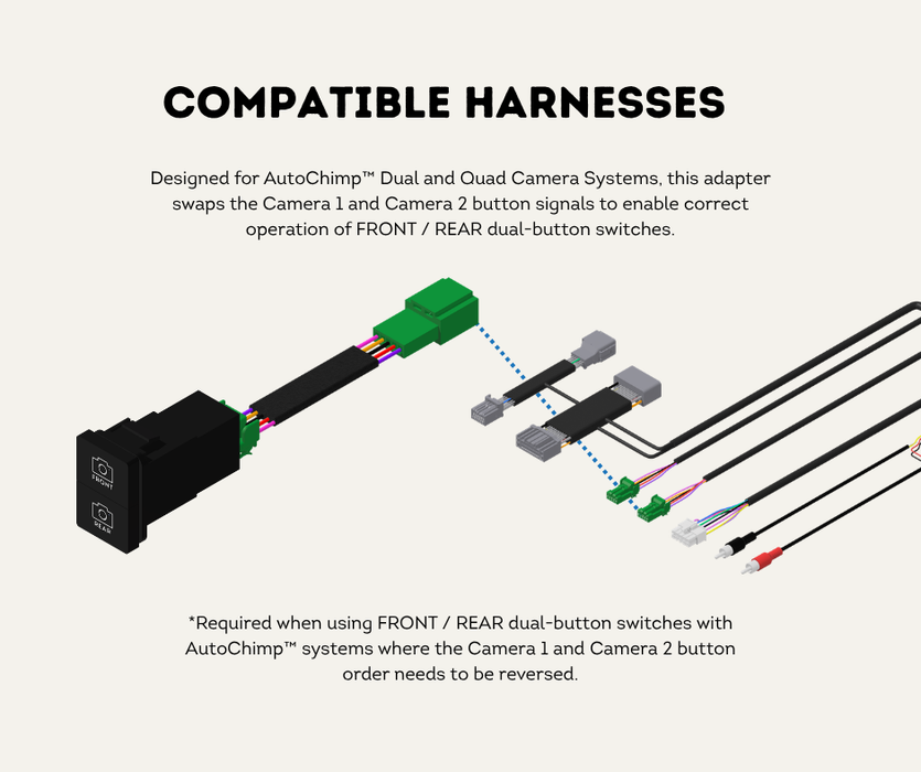 AutoChimp™ Front & Rear Camera Switch Adapter | 5-Pin Button Swap Harness | SKU: AC-SWITCH-FR-ADAPTER | Compatible Harnesses
