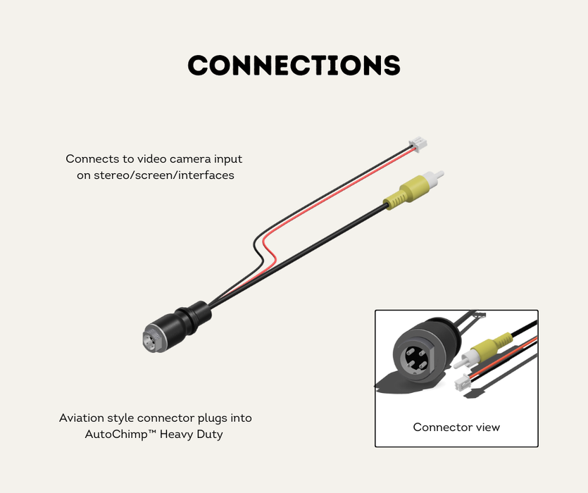 AutoChimp™ Heavy Duty Camera Connector | Aviation 4-Pin to RCA + JST Power | QuadCam & Aftermarket Compatible | AC-HEAVY-CAM-RCA | Connections
