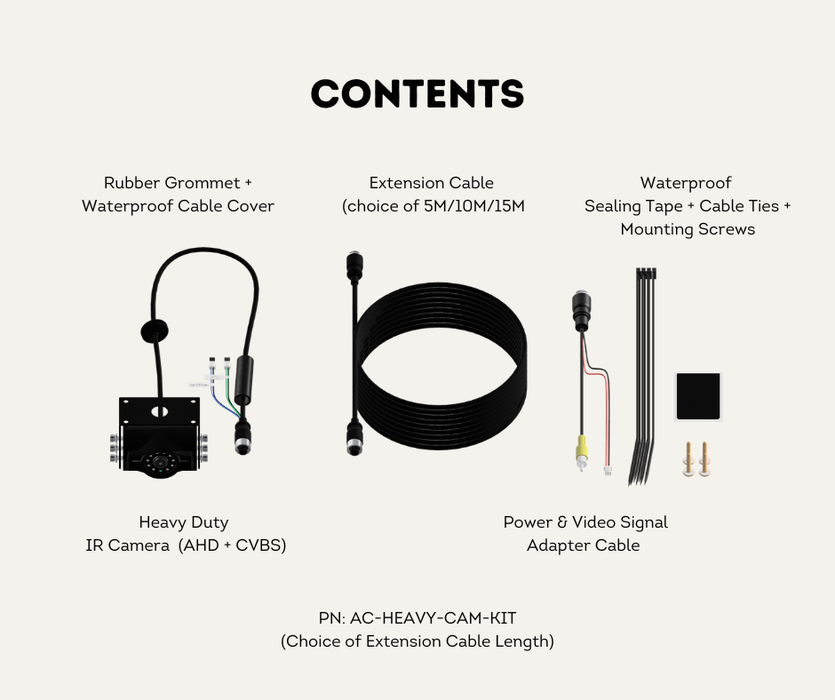 AutoChimp™ Heavy Duty Camera Kit | IR + IR Cut Night Vision | AHD / CVBS | Selectable Cable Length | AC-HEAVY-CAM-KIT |  Contents