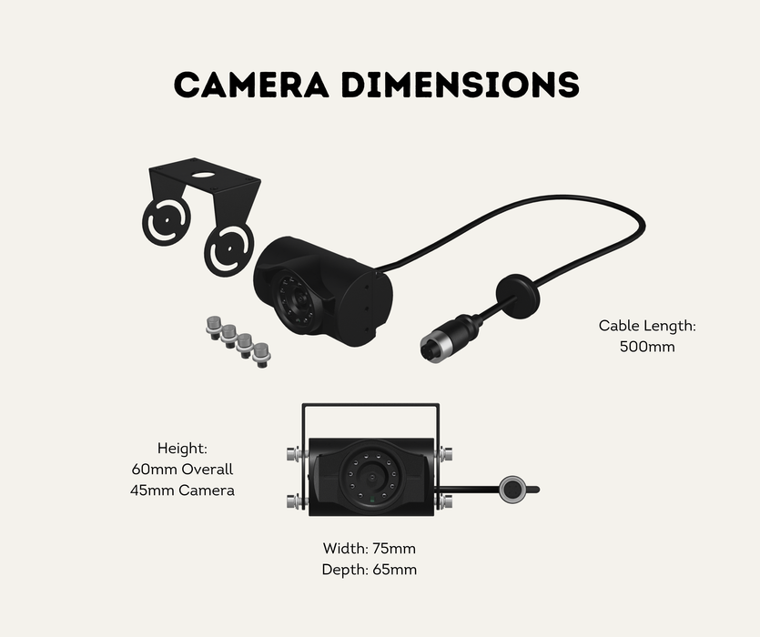 AutoChimp™ Heavy Duty Camera Kit | IR + IR Cut Night Vision | AHD / CVBS | Selectable Cable Length | SKU: AC-HEAVY-CAM-KIT | Camera Dimensions