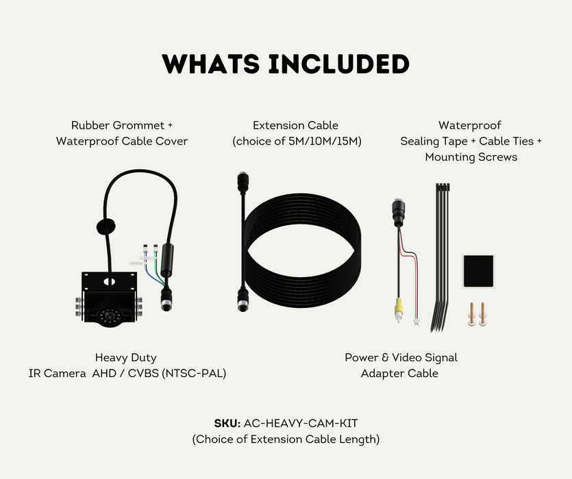 AutoChimp™ Heavy Duty Camera Kit | IR + IR Cut Night Vision | AHD / CVBS | Selectable Cable Length | SKU: AC-HEAVY-CAM-KIT | What's Included