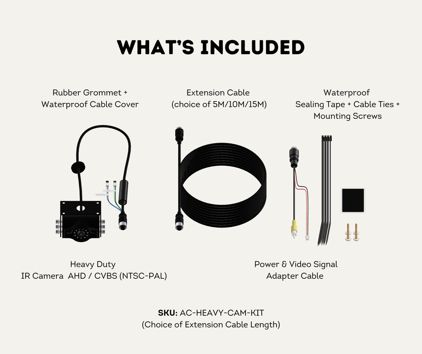 AutoChimp™ Heavy Duty Camera Kit | IR + IR Cut Night Vision | AHD / CVBS | Selectable Cable Length | SKU: AC-HEAVY-CAM-KIT | What's Included