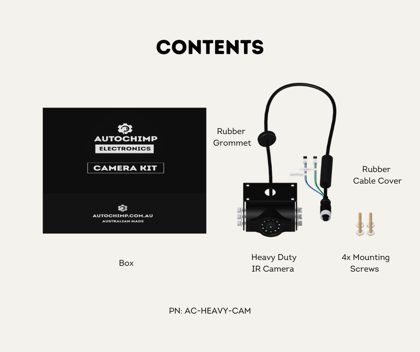 AutoChimp™ Heavy Duty Camera | IR + IR Cut Night Vision | AHD / CVBS | 6V–24V | SKU: AC-HEAVY-CAM | Contents