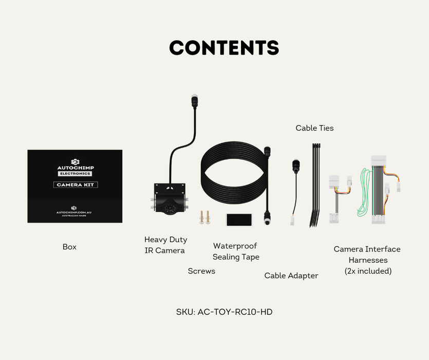 AutoChimp™ Heavy Duty Reverse Camera Kit for Toyota LandCruiser 70 Series (2024–2026) | Commercial Grade Upgrade | SKU: AC-TOY-RC10-HD | Contents