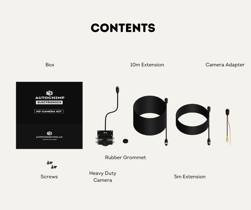 AutoChimp™ Heavy Duty Trailer Camera Kit | 5m + 10m Extension Cables for Hitch Beak Points | SKU: AC-HEAVY-CAM-KIT-TRAILER | Contents 1