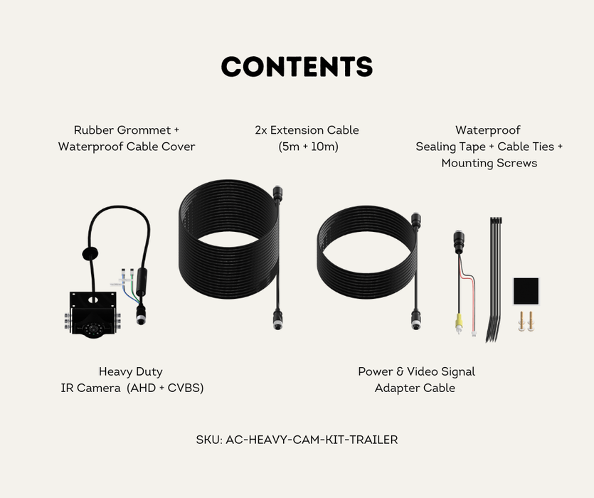 AutoChimp™ Heavy Duty Trailer Camera Kit | 5m + 10m Extension Cables for Hitch Beak Points | SKU: AC-HEAVY-CAM-KIT-TRAILER | Contents