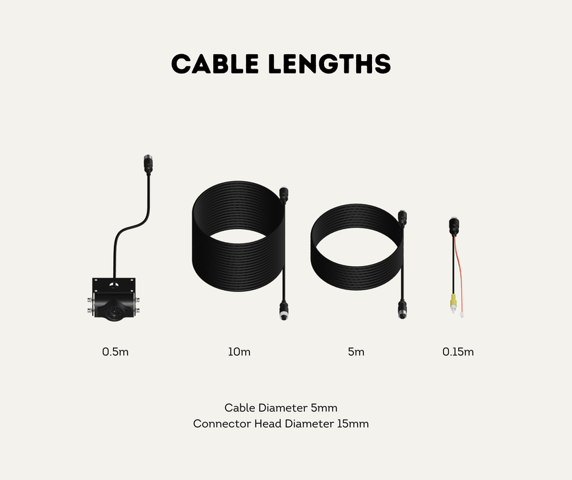 AutoChimp™ Heavy Duty Trailer Camera Kit | 5m + 10m Extension Cables for Hitch Break Points | SKU: AC-HEAVY-CAM-KIT-TRAILER | Cable Lengths