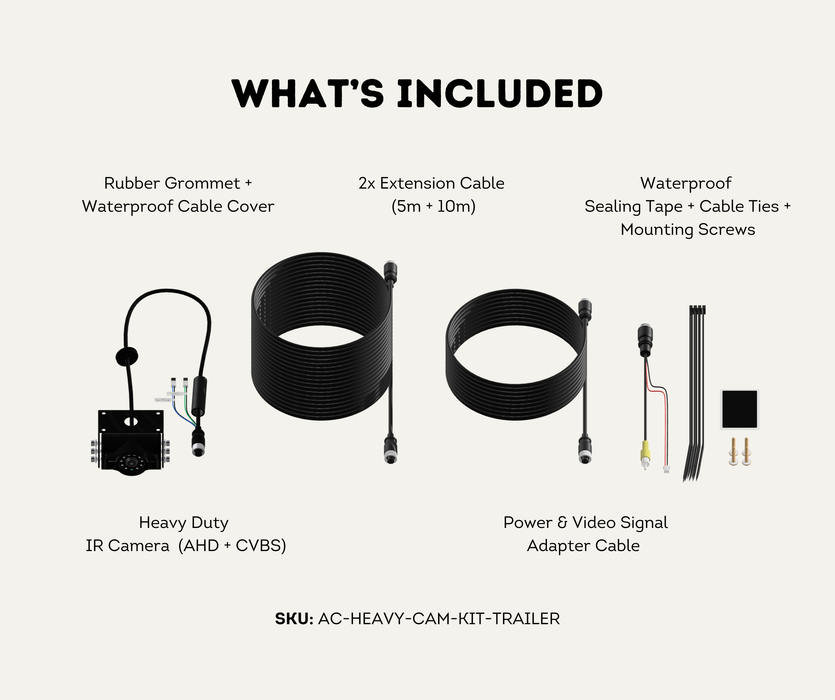 AutoChimp™ Heavy Duty Trailer Camera Kit | 5m + 10m Extension Cables for Hitch Break Points | SKU: AC-HEAVY-CAM-KIT-TRAILER | Contents