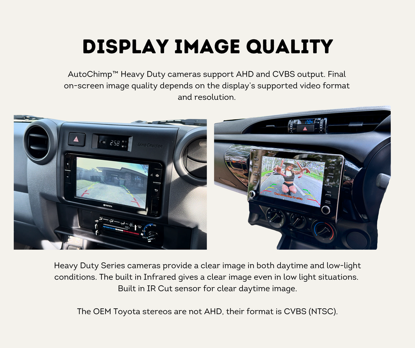 AutoChimp™ Heavy Duty Trailer Camera Kit | 5m + 10m Extension Cables for Hitch Break Points | SKU: AC-HEAVY-CAM-KIT-TRAILER | Display Image Quality