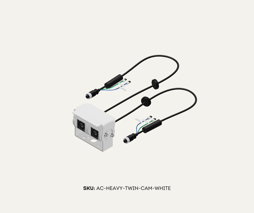 AutoChimp™ Heavy Duty Twin Camera | 60° + 120° Dual View | AHD/CVBS | 6V–24V | SKU: AC-HEAVY-TWIN-CAM-WHITE | Product Listing White