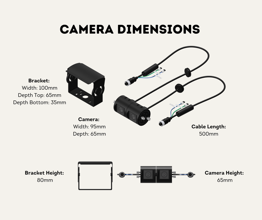 AutoChimp™ Heavy Duty Twin Camera | 60° + 120° Dual View | AHD/CVBS | 6V–24V | SKU: AC-HEAVY-TWIN-CAM | Camera Dimensions