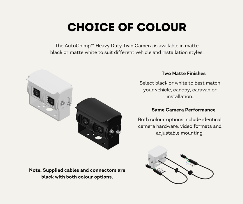 AutoChimp™ Heavy Duty Twin Camera | 60° + 120° Dual View | AHD/CVBS | 6V–24V | SKU: AC-HEAVY-TWIN-CAM | Choice of Colour