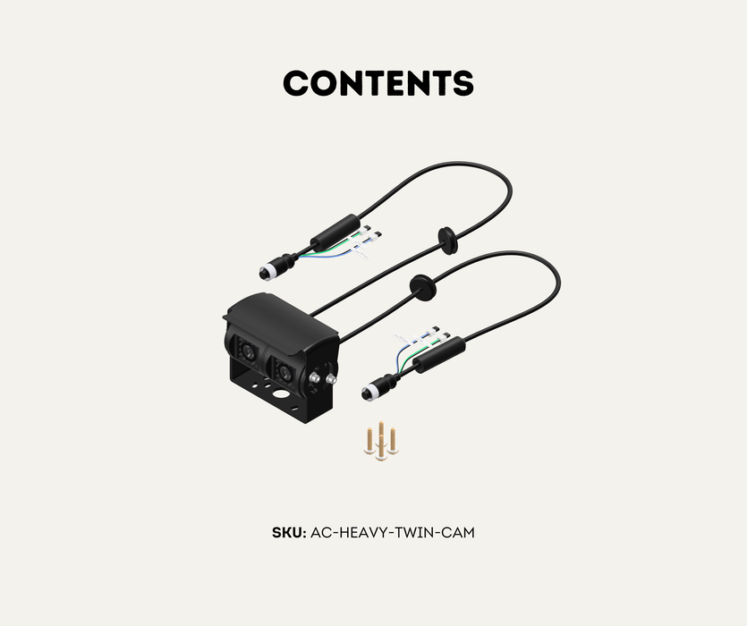 AutoChimp™ Heavy Duty Twin Camera | 60° + 120° Dual View | AHD/CVBS | 6V–24V | SKU: AC-HEAVY-TWIN-CAM | Contents