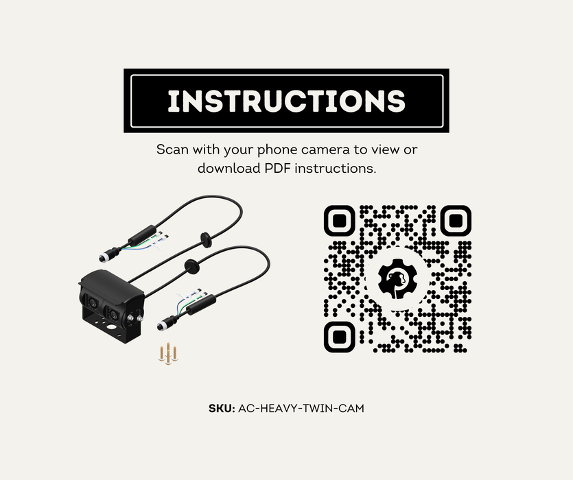 AutoChimp™ Heavy Duty Twin Camera | 60° + 120° Dual View | AHD/CVBS | 6V–24V | SKU: AC-HEAVY-TWIN-CAM | Instructions