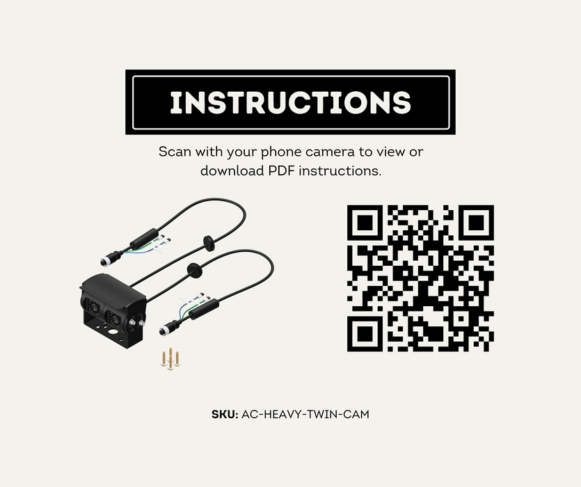 AutoChimp™ Heavy Duty Twin Camera | 60° + 120° Dual View | AHD/CVBS | 6V–24V | SKU: AC-HEAVY-TWIN-CAM | Instructions