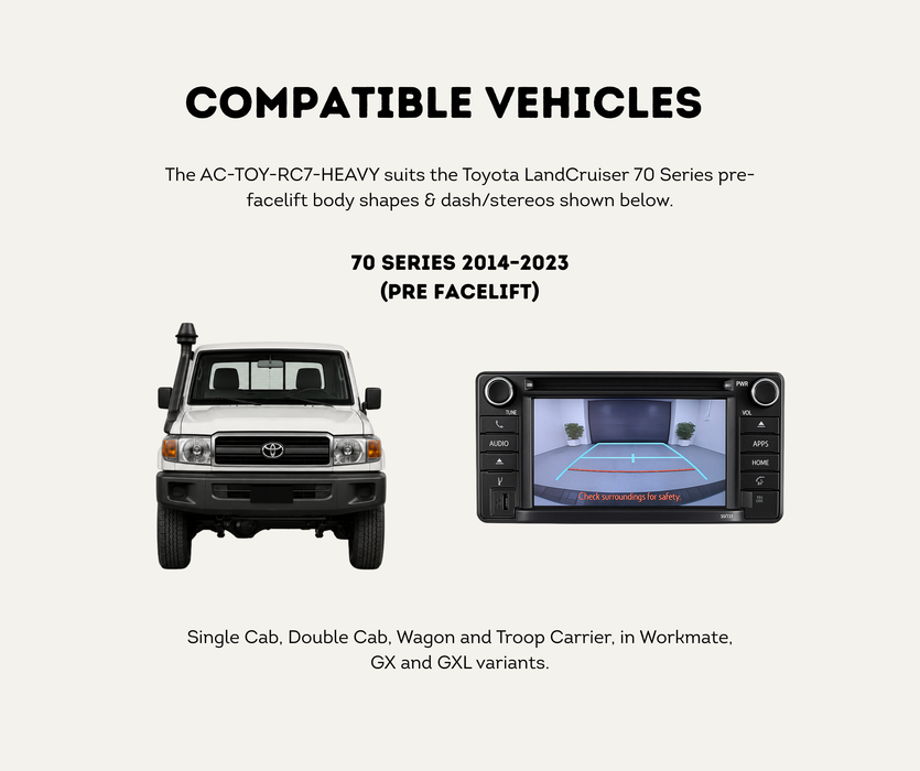 AutoChimp™ Heavy Duty Reverse Camera Kit for Toyota LandCruiser 70 Series (2014–2023) | Commercial Grade Upgrade | SKU: AC-TOY-RC7-HEAVY | Compatible Vehicles