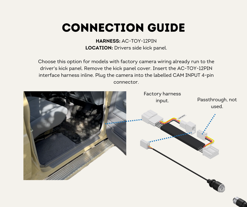 AutoChimp™ Heavy Duty Reverse Camera Kit for Toyota LandCruiser 70 Series (2024–2026) | Commercial Grade Upgrade | SKU: AC-TOY-RC8-RC9-HEAVY | Connection Guide (12-Pin)