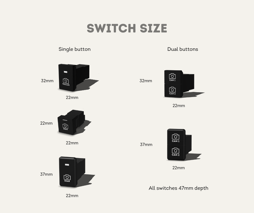 AutoChimp™ OEM Camera Switches for Toyota | Select Size, Colour & Icon (22mm, 32mm & 37mm) | AC-SWITCH-TOY | Dimensions